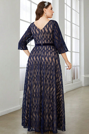 Navy A Line Long Mother of the Bride Dress with 3/4 Sleeves
